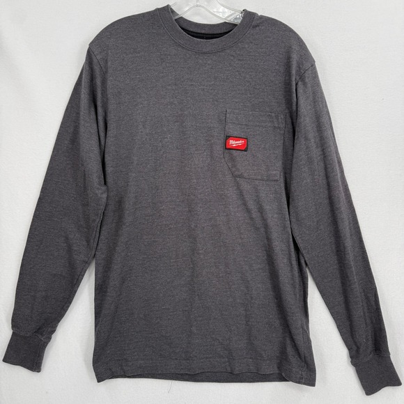 Milwaukee Tools Pocket T-Shirt Mens Small Gray Long Sleeve‎ Cotton Blend Logo